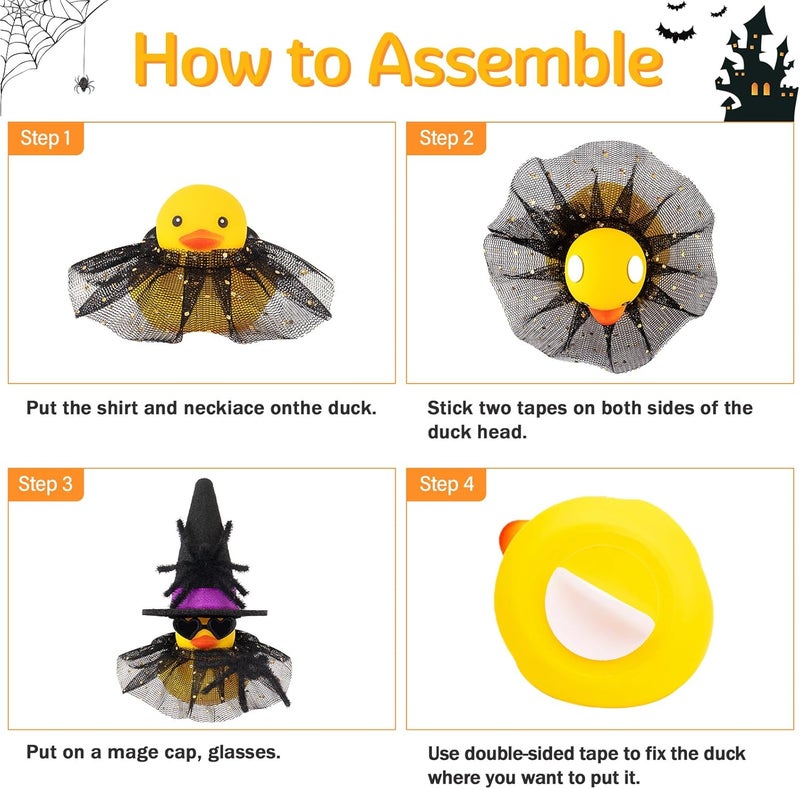 wonuu Car Dashboard Spider Witch Rubber Ducks for Halloween, Decorations Duck for Office Desk Ornament Accessories with Hat Glasses Skirt, for Halloween Party Gifts (Gold Point Skirt Orange) - Image 5